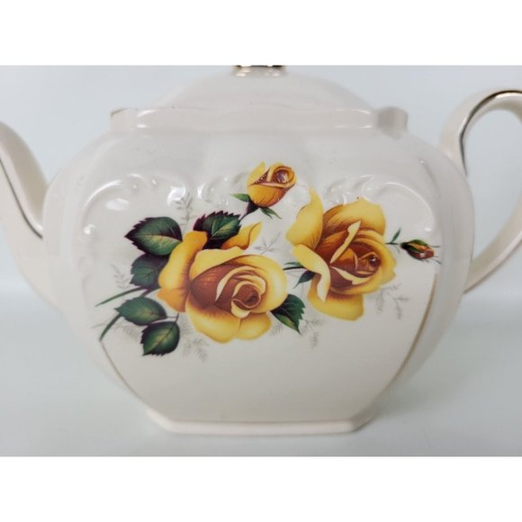 Vintage‎ Sadler England Cube Teapot Yellow Roses w. Gold Trim - Picture 3 of 15